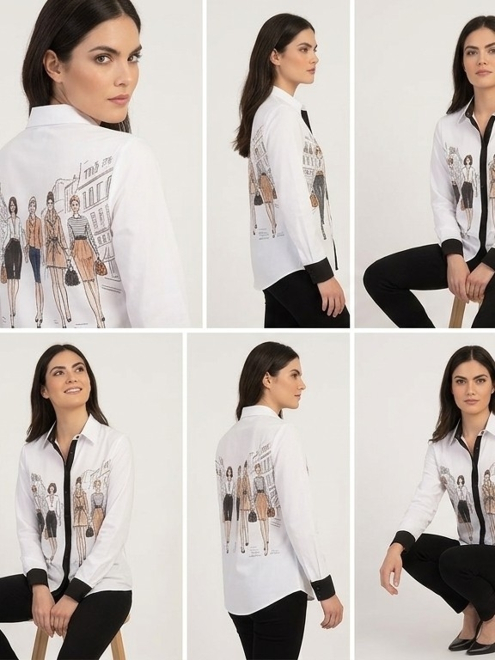 Women's White Printed Button-Front Shirt Jacket with Black Trim